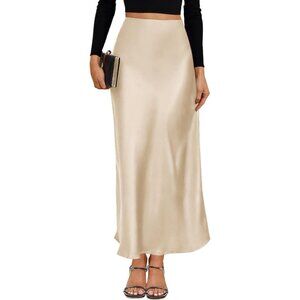 Women's Champagne Satin High Waist Silk A-Line Spring Casual Long Maxi Skirt